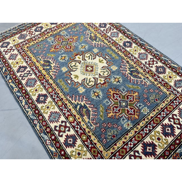 Blue Kazak Wool Rug With Three Medallions and Ivory Border, 3'4" X 4'10" For Sale - Image 4 of 14