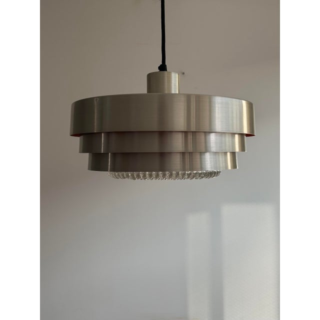 Mid-Century Modern Tiered Aluminum Pendant Lamp with Glass Diffuser, Denmark, 1970s For Sale - Image 3 of 13