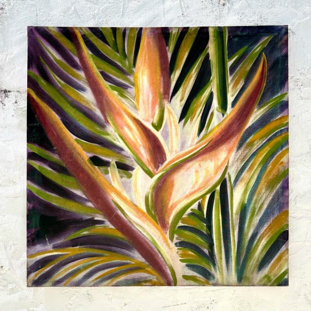 This vibrant painting of tropical foliage captures the bold drama of heliconia flowers and sweeping palm fronds through...