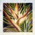 This vibrant painting of tropical foliage captures the bold drama of heliconia flowers and sweeping palm fronds through...