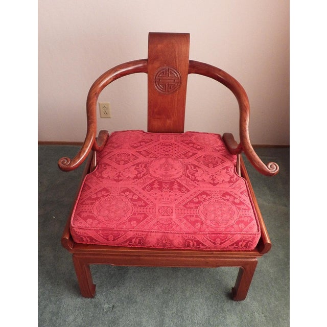 20th Century George Yee Style Chinese Hong Kong Horseshoe Lacquered Wook Accent Chair With Red Cushion For Sale - Image 11 of 12