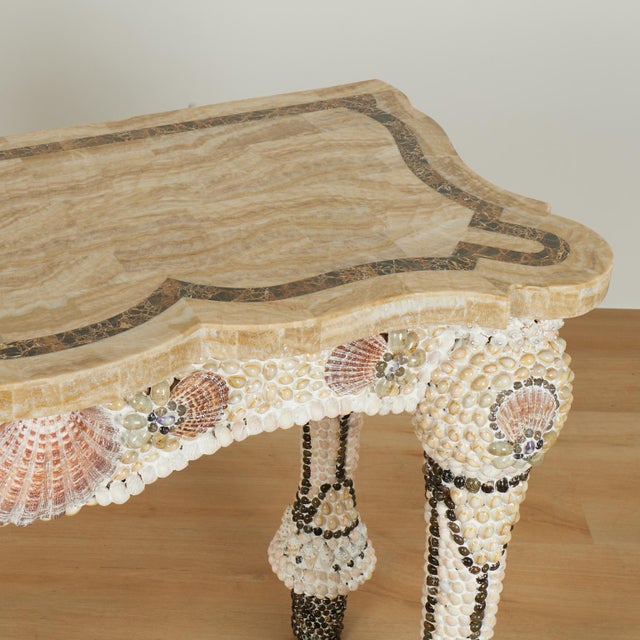 Beige Vintage Marble Top Seashell Encrusted Console Table For Sale - Image 8 of 14