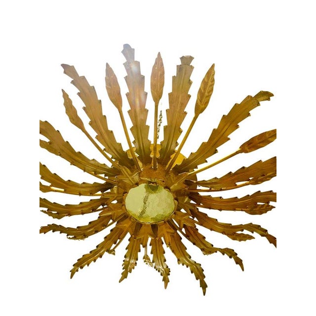 Large Spanish Sunburst Flush Mounts in Gilt Metal with Support Pair, 1950, Set of 2 For Sale - Image 3 of 10