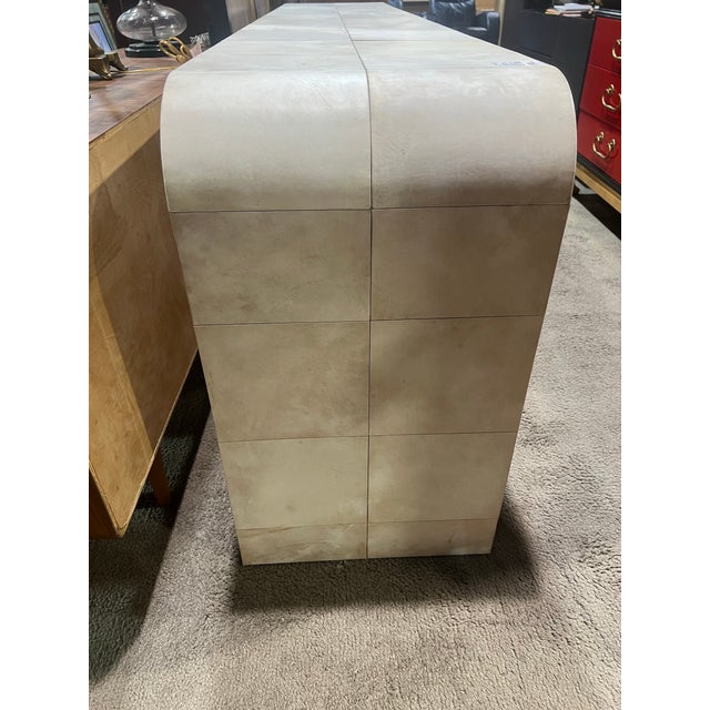 Refined and architectural, this Restoration Hardware Parchment Leather Long Console Table exemplifies modern luxury with a...