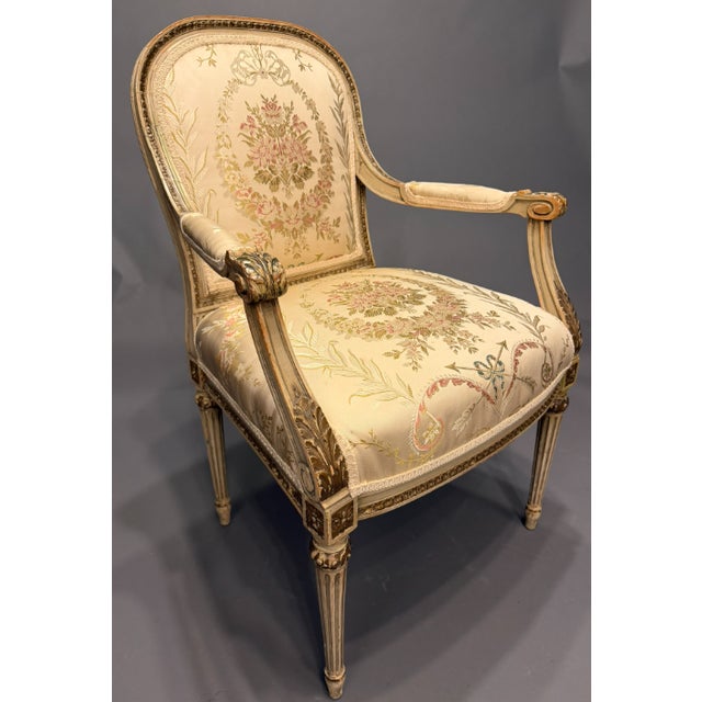 19th Century French Louis XVI Polychrome & Parcel-Gilt Armchairs, Set of 4 For Sale - Image 4 of 11