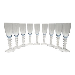 Vintage Handblown Blue Bubble Stem Champaign Flutes- Set of 9 For Sale