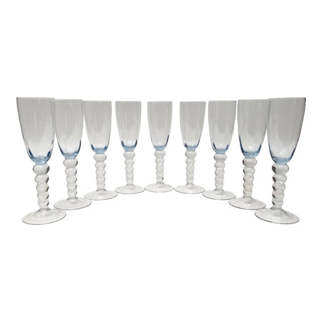 Vintage Handblown Blue Bubble Stem Champaign Flutes- Set of 9 For Sale