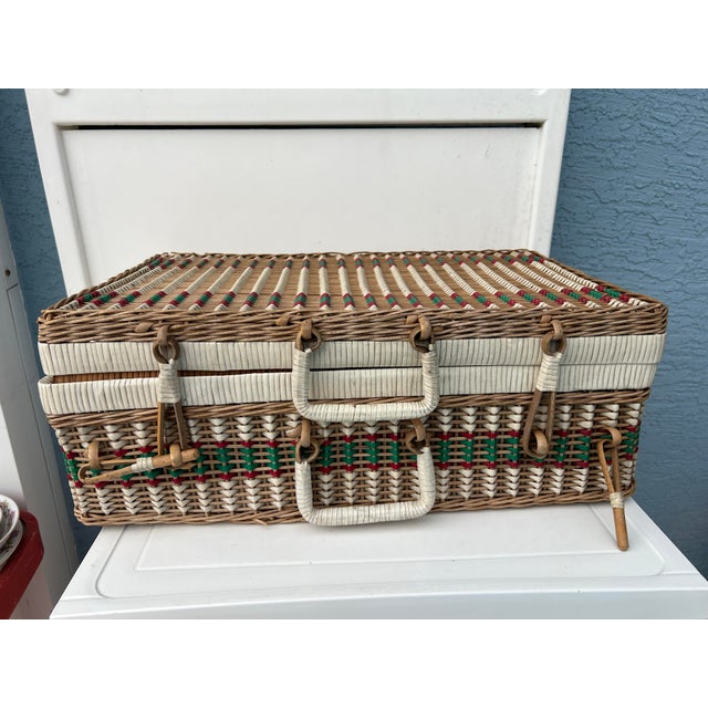 Vintage Wicker and Vinyl Rattan Picnic Basket Red Green and White Picnic Basket Suitcase For Sale In West Palm - Image 6 of 12