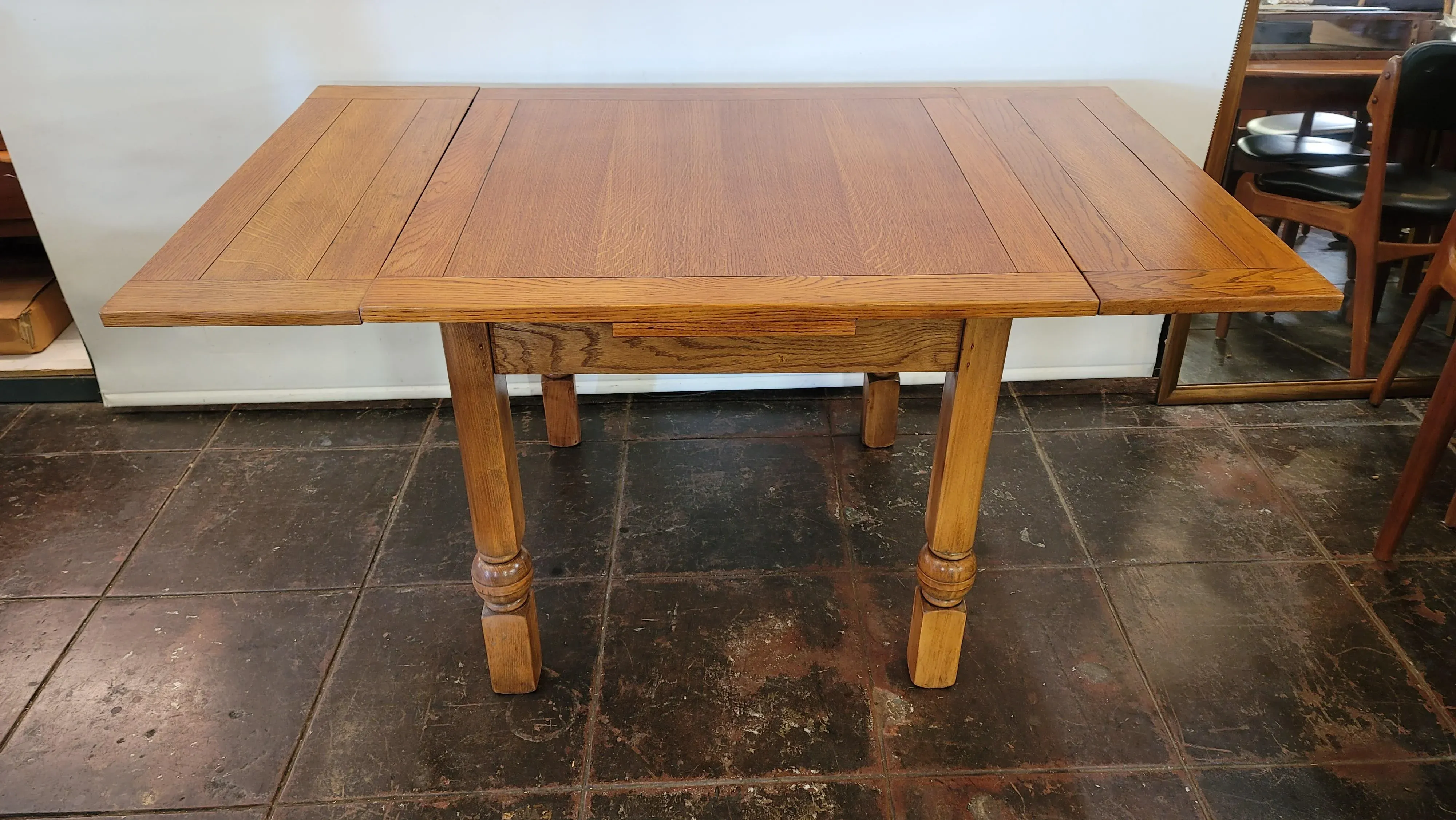1930s Oak Draw Leaf Table 36 Squre Open 60 | Chairish