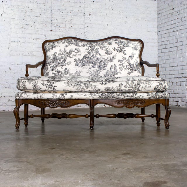 French Late 20th Century French Louis XV Style Settee by Highland House Black and White Toile De Jouy For Sale - Image 3 of 18