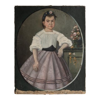 Antique French Portrait of a Girl in a Dusky Pink Skirt, Original Oil Painting signed ‘P Gautier’ For Sale