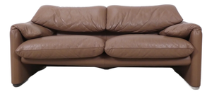 Vintage Maralunga 2-Seater Sofa in Mocca Leather by Vico Magistretti for Cassina, 1980s
