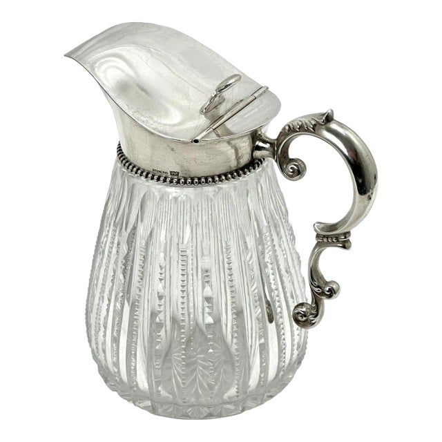 1890s American Antique Victorian "Brilliant" Hand Cut Crystal & Sterling Silver Mounted Maple Syrup Pitcher For Sale