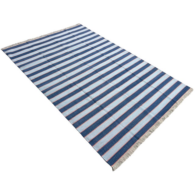 Mid-Century Modern Handmade Cotton Area Rug, Vegetable Dyed, Blue and Orange Striped Dhurrie -6'x9' For Sale - Image 3 of 13