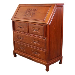 Vintage Asian Desk Teak Hand Carved Drop Front Compartmentalized Style of George Zee For Sale