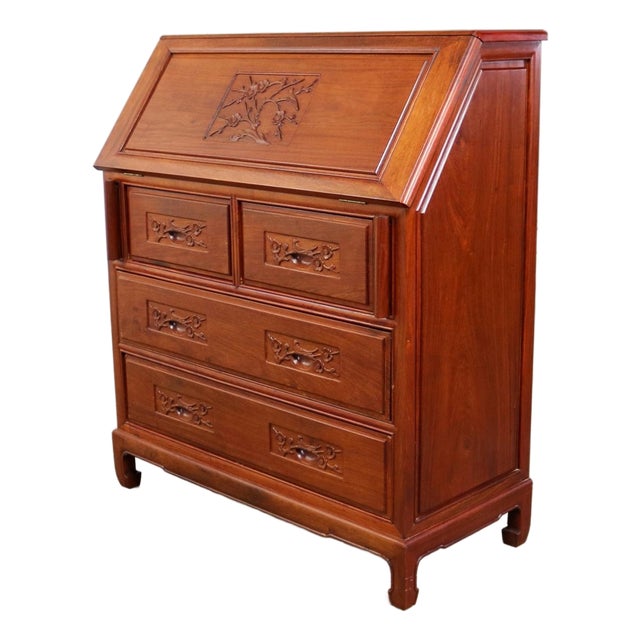 Vintage Asian Desk Teak Hand Carved Drop Front Compartmentalized Style of George Zee For Sale