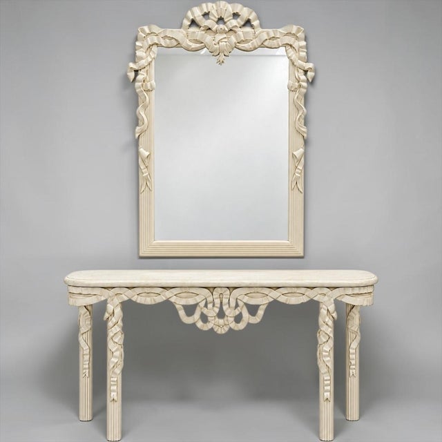 Hollywood Regency Style Italian Carved Ribbon Mirror & Stone Console Table For Sale - Image 9 of 10
