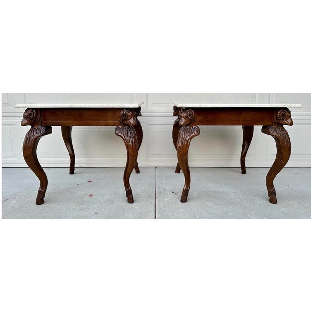 Vintage Ram’s Head Carved Walnut & Travertine Side Tables attributed to Minton Spidell of Los Angeles – Pair Description:...