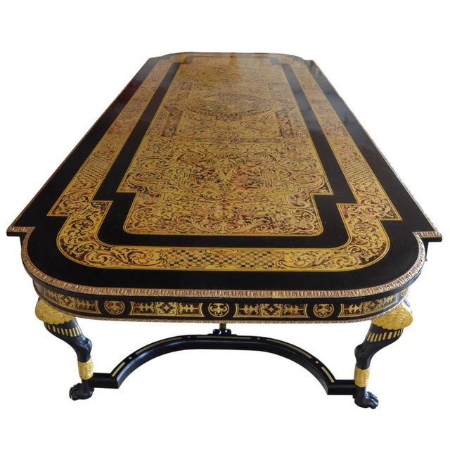 Gold Vintage Ebonised Cut Brass Boulle Dining Conference Table For Sale - Image 8 of 18