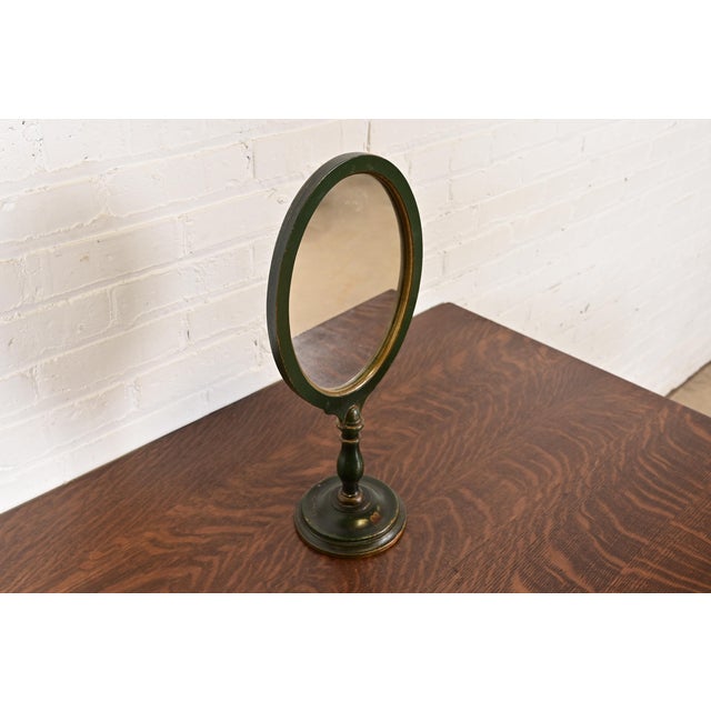 Stickley Brothers Stickley Brothers Antique Early American Country Cottage Green Lacquered Floral Painted Table Mirror, Circa 1920s For Sale - Image 4 of 13