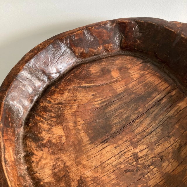 Vintage Wooden Indian Attributed Chapati Bowl - Large Patinated Wood Bowl For Sale - Image 9 of 10