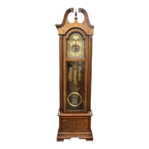 Mid 20th Century Howard Miller Mahogany Chippendale Grandfather Clock Moon Dial Satinwood Inlays