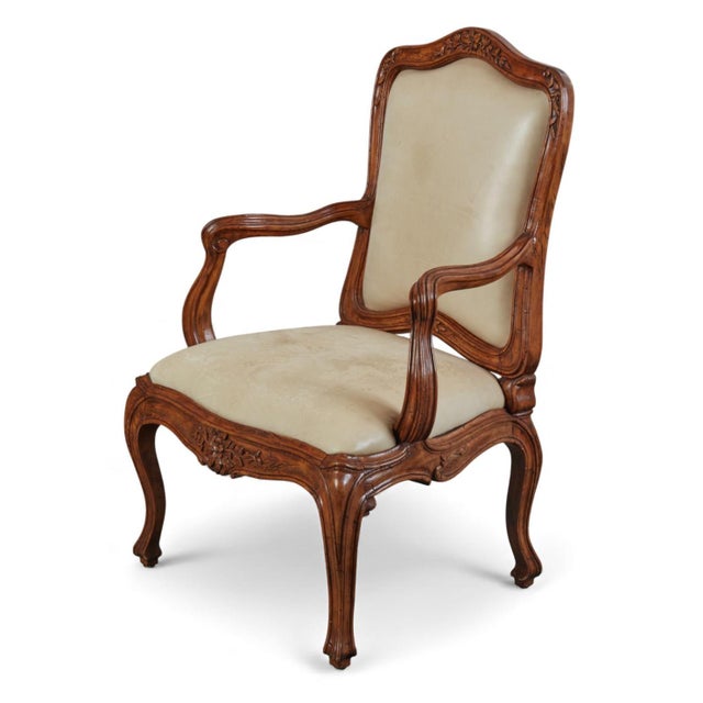 18th C Style Italian Rococo Walnut Armchair W Leather Upholstery.