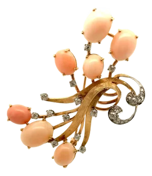 1940s Retro Angel-Skin Corals Diamond 14k Yellow Gold Spray Brooch
