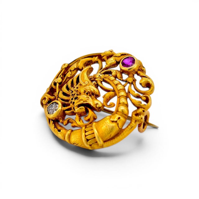 Antique Art Nouveau 18k Gold Chimera Brooch, Ruby & Diamond - Andre Kauffer For Sale - Image 6 of 8