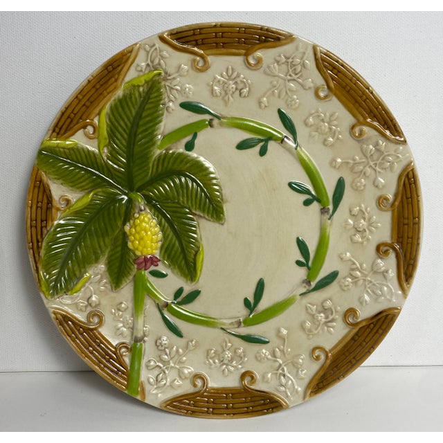 Set 4 Vintage Decorative Banana Tree Motif Plates, 8” Wide, 0.75” Deep Hand Painted Raised, Sculptural Banana Tree Motif...
