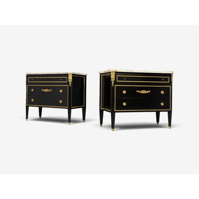 Wood Louis Xvi, Hollywood Regency, Commodes, Ebonized, Bronze, Marble, 20th C. For Sale - Image 7 of 18