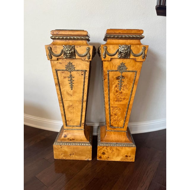 French Regency Style Pair of Burlwood Veneer Pedestal With Marble Top and Lion Head Brass Detail For Sale - Image 13 of 13