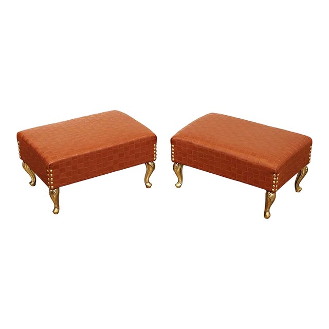 Italian Hollywood Regency Pair of Brass and Leather Foot Stools For Sale