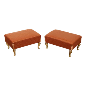 Italian Hollywood Regency Pair of Brass and Leather Foot Stools