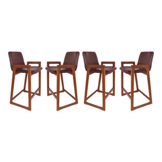 Danish Mid-Century Modern Teak and Burgundy Leather Barstools- Set of 4 For Sale