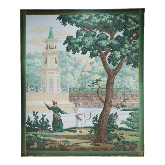 Large Vintage Chinoiserie Decorative Painting With Archers and Ornamental Pagoda For Sale