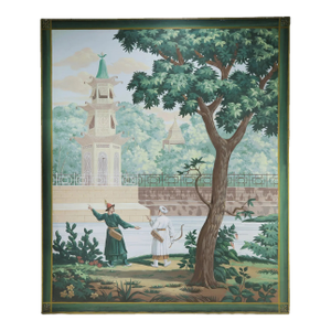 Large Vintage Chinoiserie Decorative Painting With Archers and Ornamental Pagoda