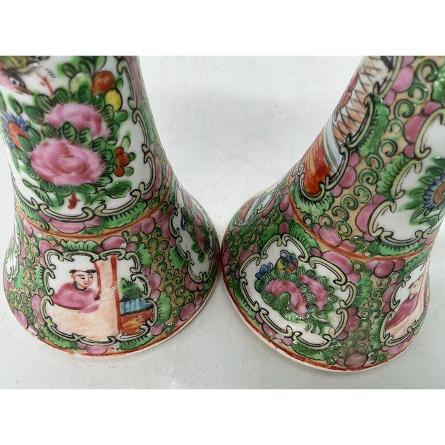 Pair of Antique Chinese Rose Medallion Porcelain Candlesticks For Sale - Image 10 of 12