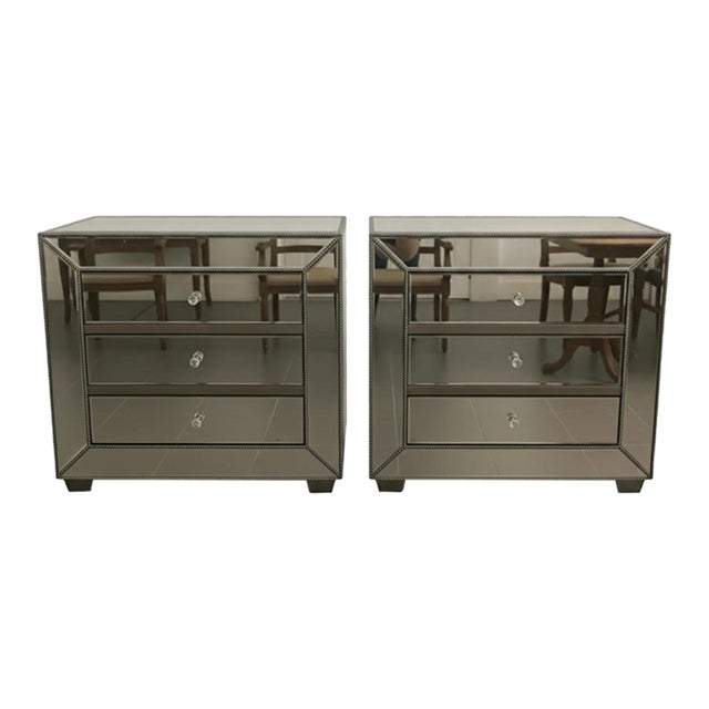 Pair of Hollywood Regency Mirrored 3-Drawer Nightstand/Chest For Sale