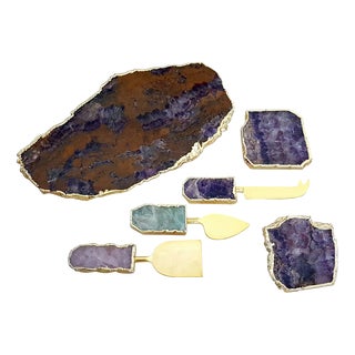 Modernist Agate Cheese Board Set with Knives and Coasters, India, Set of 6 For Sale