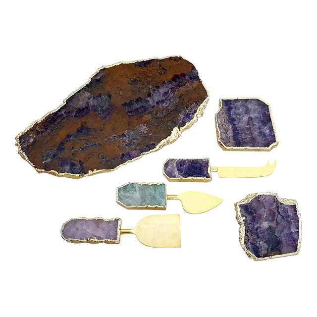 Modernist Agate Cheese Board Set with Knives and Coasters, India, Set of 6 For Sale