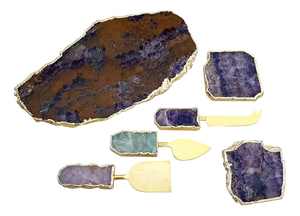 Modernist Agate Cheese Board Set with Knives and Coasters, India, Set of 6