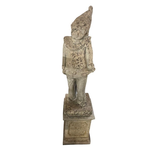 Vintage Cast Stone Pierrot Garden Statue on Pedestal For Sale - Image 4 of 12