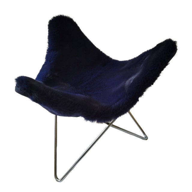 1970s Vintage Bauhaus Butterfly Chair Footrest With Blue Faux Fur Cover For Sale