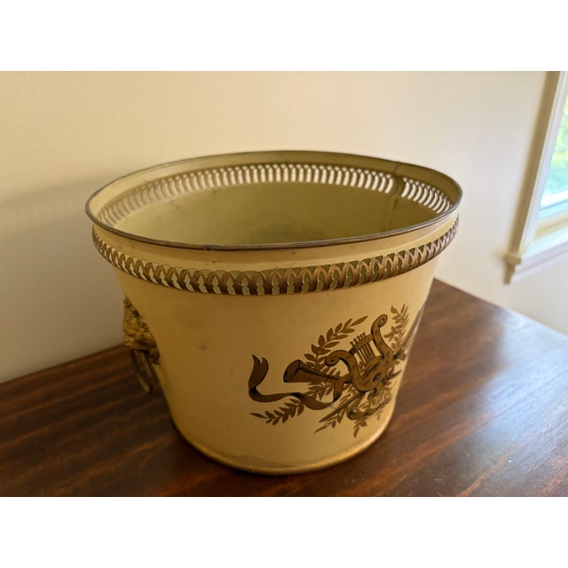 Antique French Neoclassical Yellow Tole Cachepot With Lion-Head Handles For Sale In South Bend - Image 6 of 12