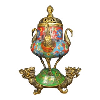 Cloisonné Enamel Turtle & Crane Incense Burner For Sale