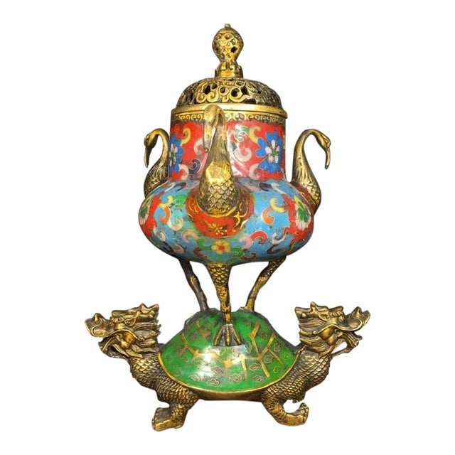 Cloisonné Enamel Turtle & Crane Incense Burner For Sale