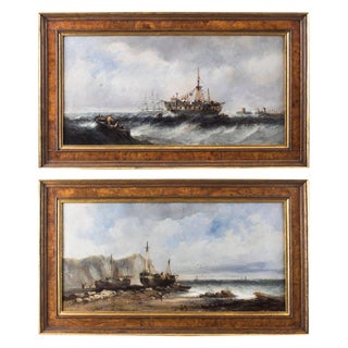 Fishing Boats, 19th-Century, Oil on Canvas, Framed, Set of 2 For Sale