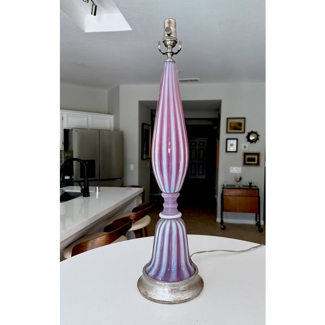 Mid-Century Modern Large Raspberry Lavender Opaline Murano Glass Ribbed Table Lamp by Barovier For Sale - Image 3 of 16