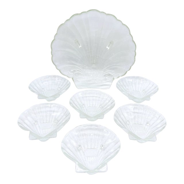 Vintage Transparent Glass Clam Shell Bowls – Coastal Serving Set of 7 For Sale